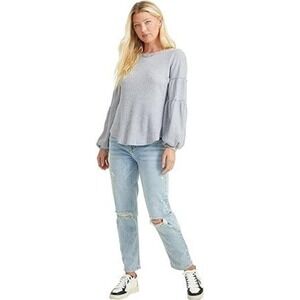 Waffle‎ Knit Bell Sleeve Top Blouse Light Blue Casual Comfy Everyday